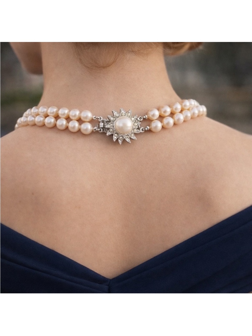 Classic Vintage Double Strand Cream Pearl Necklace with Sunburst Clasp
